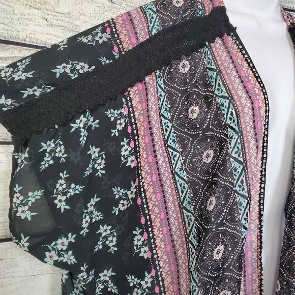 Vanity Women’s Boho Kimono Cardigan Size L Multicolor Print Open Front Sheer - Picture 3 of 8